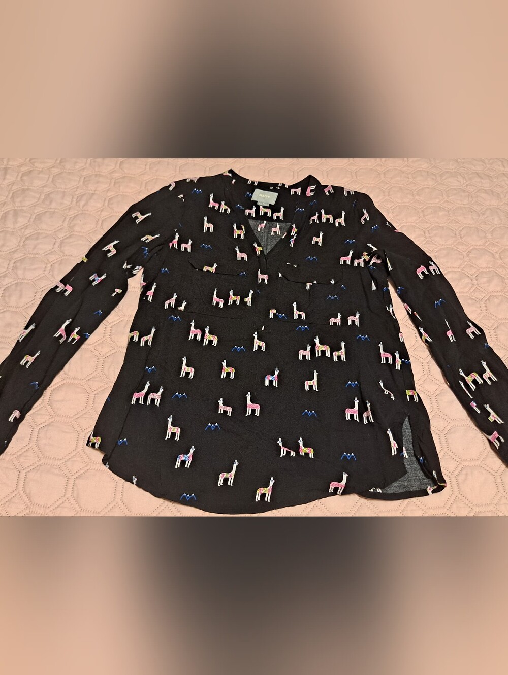 Maeve Black Llama Print Long-Sleeve Blouse Size 2 Alpaca